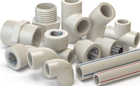 Set of PVC pipe fittings isolated on white. 3d illustration