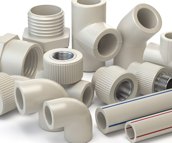 Set of PVC pipe fittings isolated on white. 3d illustration