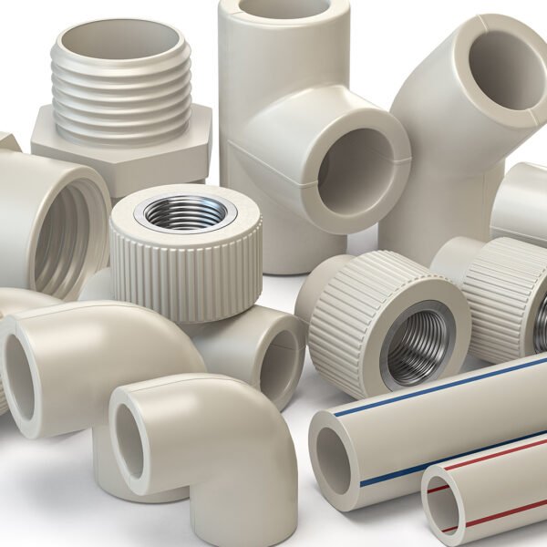 Set of PVC pipe fittings isolated on white. 3d illustration